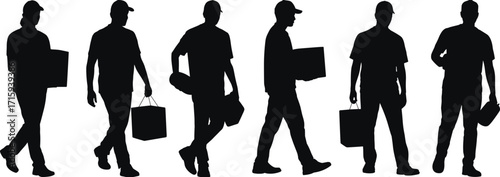 Delivery worker silhouette, carrying package, walking pose, black figure, logistics concept, manual labor, urban movement, white background, transportation,