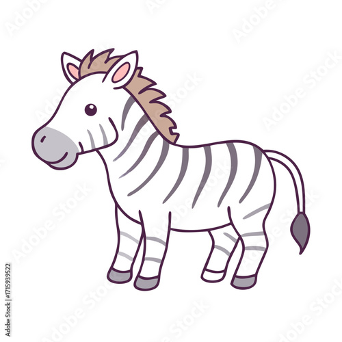 Cute cartoon zebra standing with black and white stripes and purple outline