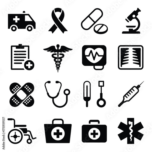 Comprehensive medical healthcare icons vector graphic set scalable eps silhouette vector illustration white background