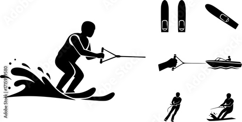 Water skiing silhouette, Water ski vector, Water skiing, Water skiing icon set, Water skiing clipart