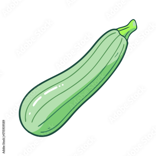 Cartoon Zucchini Vegetable with Green Skin and Stem on White Background