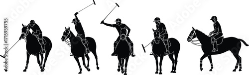 Polo player silhouette, horse riding action, sports illustration, black figure, mallet pose, team sport, white background, vector art, dynamic motion