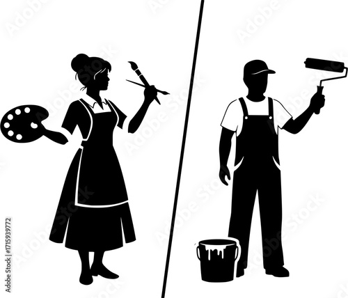 Painter woman silhouettes, House painters silhouette