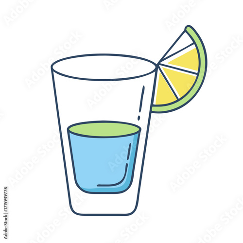 Stylized illustration of a tequila shot with lemon wedge garnish