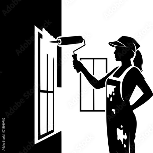 Painter woman silhouettes, House painters silhouette