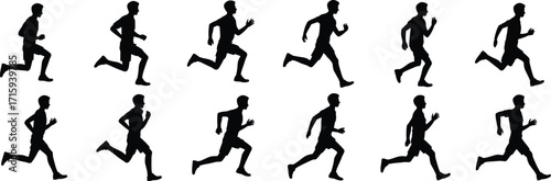 Running motion silhouette, human biomechanics, athletic movement, black figure, sports science, physical activity, animation frame, exercise pose, white background,