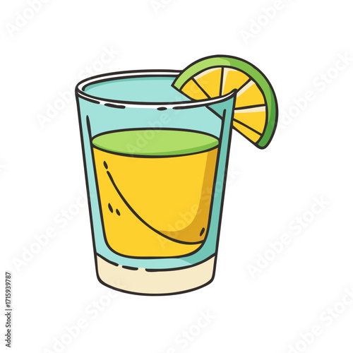 Tequila shot with a lime wedge illustration on a white background