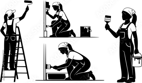Painter woman silhouettes, House painters silhouette