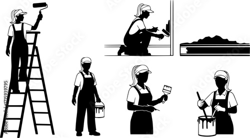 Painter woman silhouettes, House painters silhouette