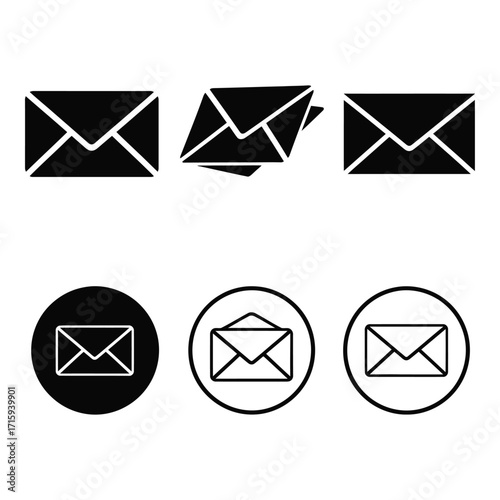 Collection of six distinct envelope and mail icons in black and white for digital communication design silhouette