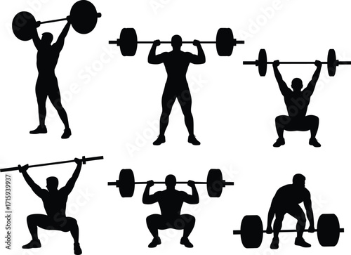 Weightlifting silhouette, barbell exercise pose, strength training motion, fitness figure, gym workout, black illustration, athlete form, white background,