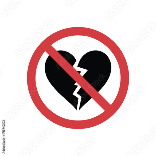 Broken heart symbol with prohibition sign vector graphic for loss and endings silhouette vector illustration white background