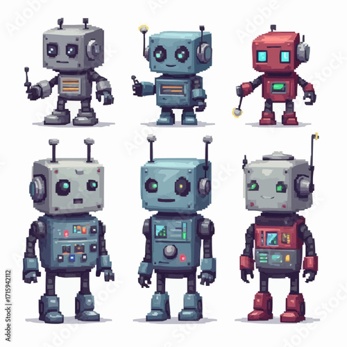 Adorable collection of six retro-style cartoon robots, a charming character set of androids and bots for technology illustration