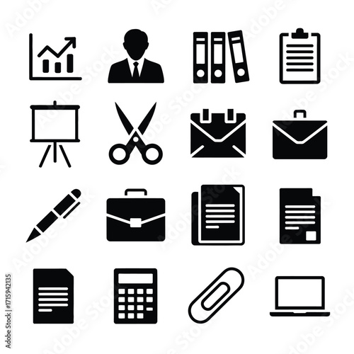 Collection of 15 business and office icons for scalable vector graphics and eps files silhouette vector illustration white background