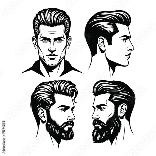 Four views of stylish men's hairstyles and beard styles line art portraits silhouette
