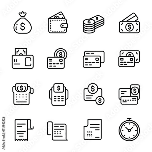 Collection of line art icons representing finance transactions payments and money management silhouette vector illustration white background