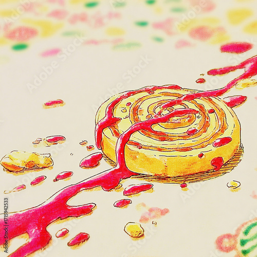 Drizzle - A magenta sauce trail over an orange pastry in white background -# Create