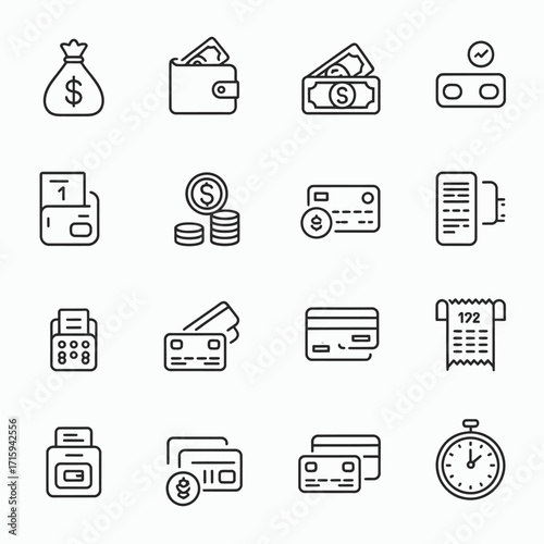Scalable vector line art icons collection representing finance and payment transactions silhouette vector illustration white background