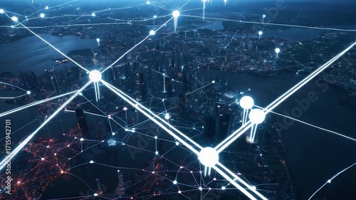 Aerial city skyline with glowing digital network grid overlay connecting bright nodes across buildings and streets in advanced smart urban system