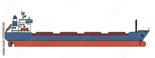 Illustration of a large cargo ship with a red hull and blue waterline navigating through calm waters