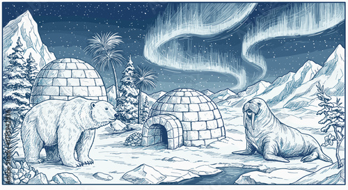 Polar wilderness: hand drawn arctic scene with igloos and animals under aurora