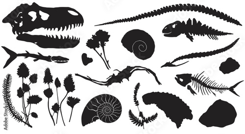 Silhouette of dinosaur fossils and prehistoric plants in black and white