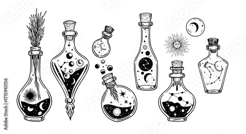 Magical potion bottles with celestial designs in black and white fantasy style