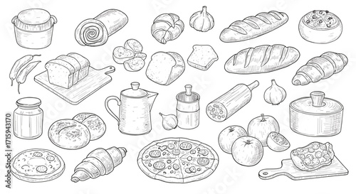 Hand drawn bakery and food assortment with bread and vegetables in doodle style