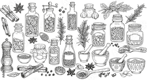 Hand drawn spice jars and herbs collection with mortar and pestle in vintage style