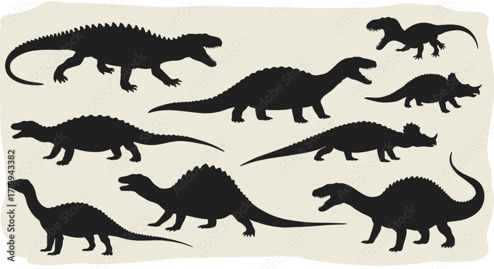 Naklejka premium Dinosaur silhouettes collection in classic black on beige background