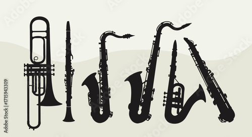 Silhouette of brass and woodwind instruments on a subtle background