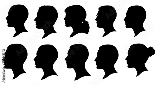 Silhouette set of diverse male and female profiles in side view