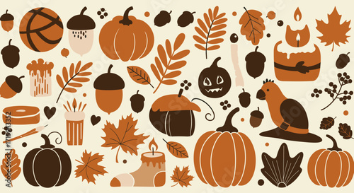 Autumn elements collection with pumpkins, leaves, and cozy candles in warm tones