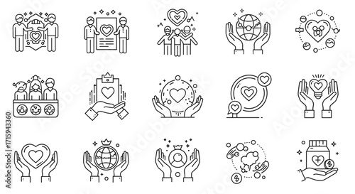 Linear charity and community icons representing global support and unity