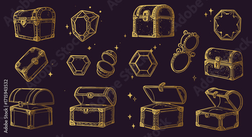 Antique treasure chests and geometric jewelry boxes in golden outline style