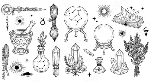 Mystical tools and symbols of witchcraft and astrology in linear art style