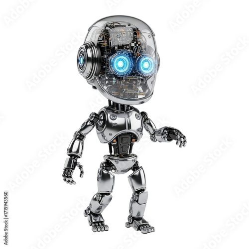 Friendly Chrome Robot, Futuristic Design, Walking, Blue Glowing Eyes, Technology Concept