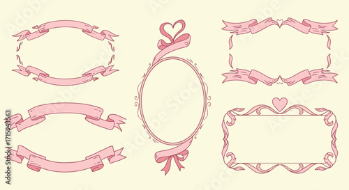 Elegant ribbon frames with heart motifs in pink tones for decorative design