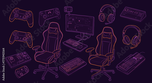 Neon outline gaming setup with chairs, controllers, and accessories