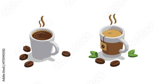 Isometric coffee and tea cups with steam and ingredients