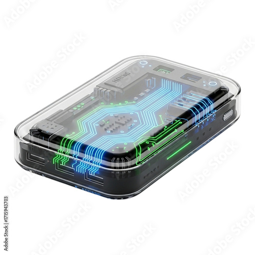 Transparent Power Bank: Glowing Circuit Board, Modern Technology, Clean Design, Energy Efficiency