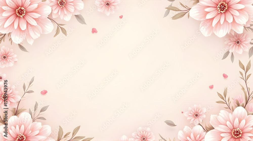 Naklejka premium Floral Frame with Pink Flowers and Leaves for Greeting Card