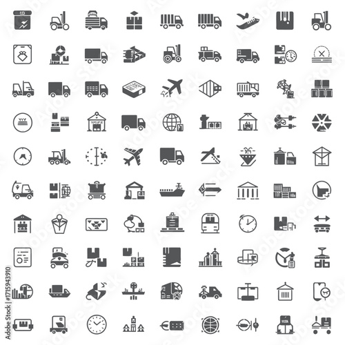 Comprehensive vector icons for logistics shipping delivery services transportation and commerce collection silhouette vector illustration white background