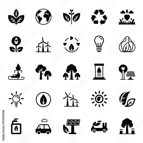 Eco-friendly vector icon set for sustainable living and environmental protection silhouette vector illustration white background