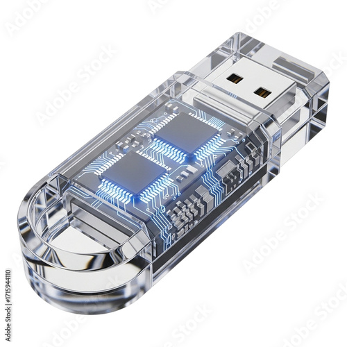 Transparent USB Flash Drive: High-Tech Internal Components, Glowing Circuitry, Modern Design, Data Storage Concept.