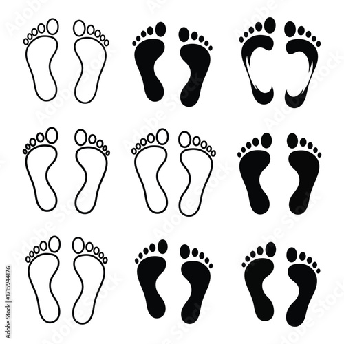 Diverse footprint styles for design concepts human anatomy traces and steps collection silhouette
