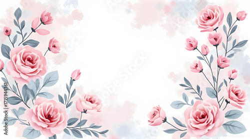 Floral Frame with Pink Roses and Gray Leaves Illustration