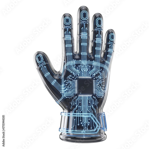 Transparent Robotic Hand with Circuitry: Futuristic Technology Concept, 3D Render