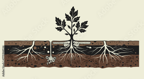 Detailed botanical diagram of plant roots and soil ecosystem