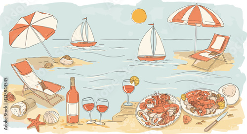 Coastal serenity with seafood and sailboats in a vintage beach setting